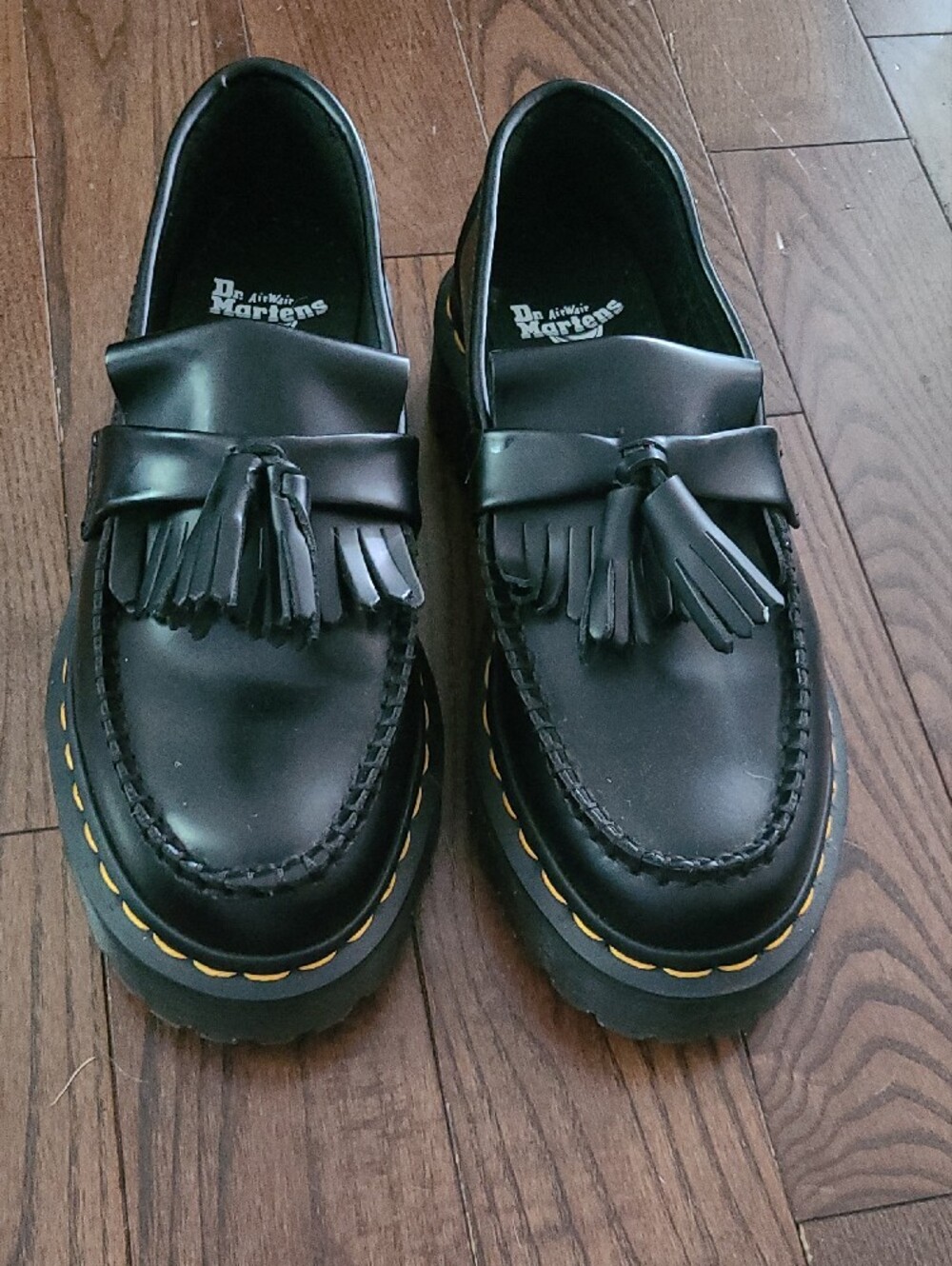 New Dr. Martens Adrian Yellow Stitch Leather Tassel Black Loafers Women's Size 6